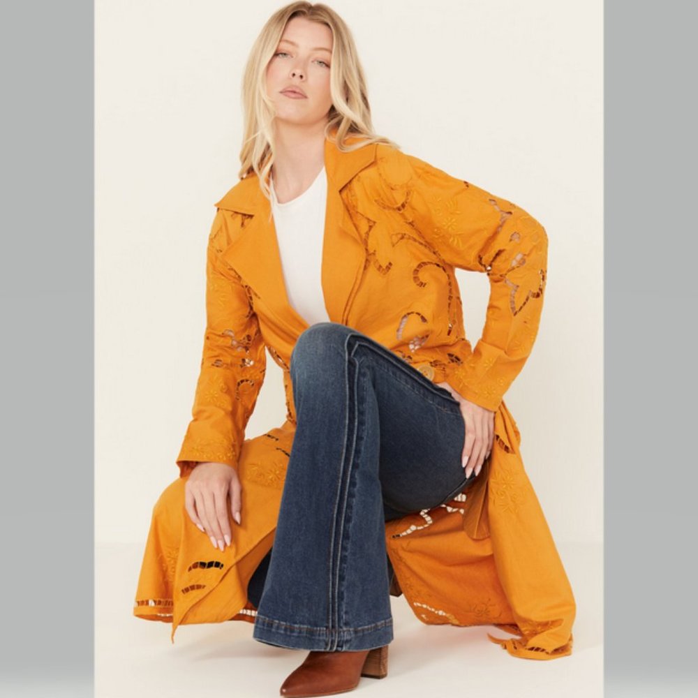 Free People Susanna Duster Trench Coat Mustard Brown Floral Embroidered Lace NWT